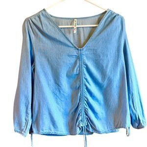 Small Blue Denim Chambray Long Sleeve Ruched V Neck Tunic Top Women‎